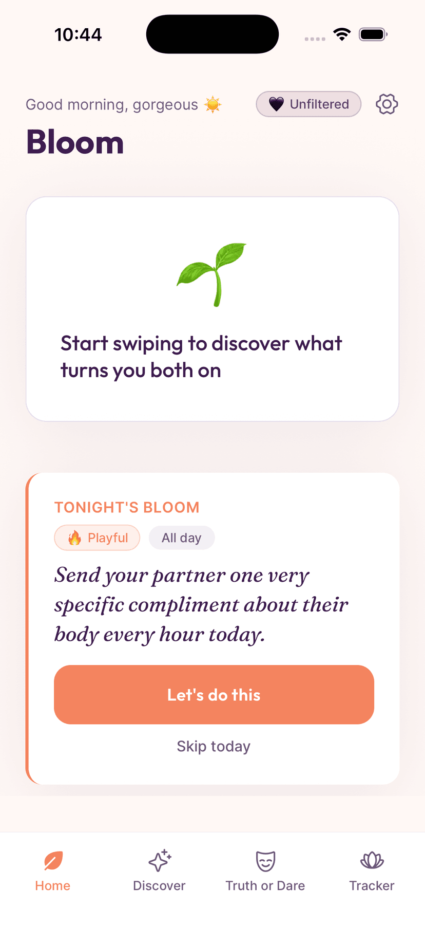 Bloom home screen with daily prompt and swipe cards